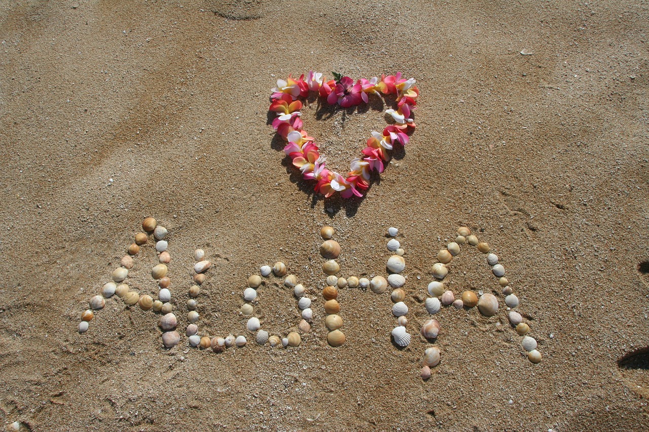 Aloha on the beach spelt on the beach with shells