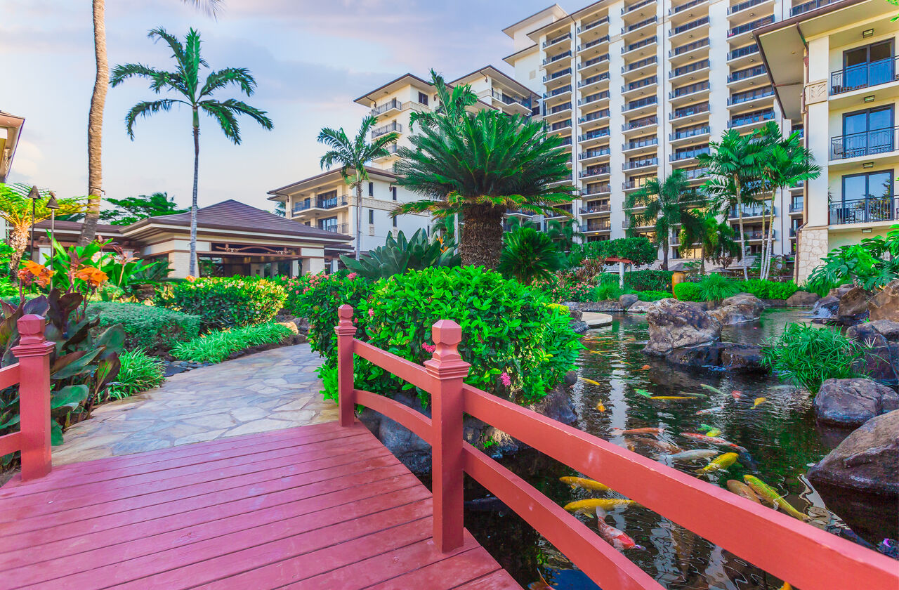 Wooden Red Bridge in the Garden of our Military Rentals on Oahu.