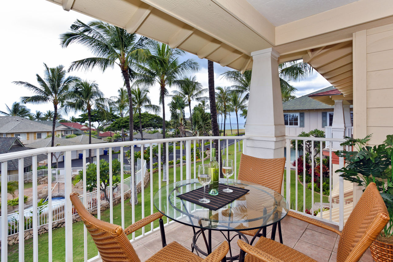 Picture of the Balcony with Ocean Views in one of our Work from Home in Hawaii Rentals.