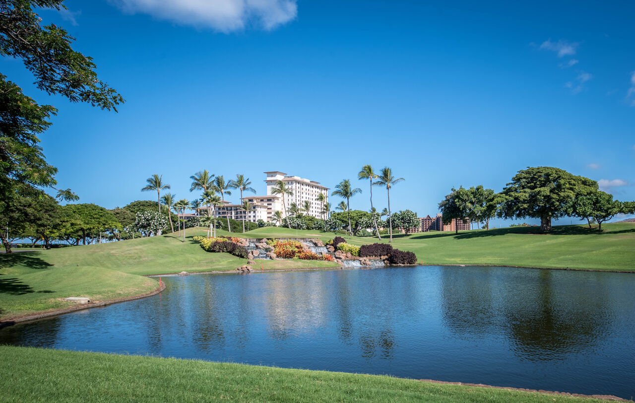 Distant view of our Ko Olina Beach Resort Villas from behind a fountain